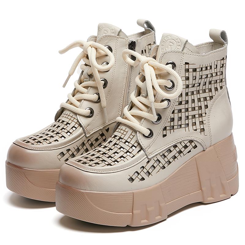 Fashion GKTINOO 2025 New Design Summer Women Boots Genuine Cow Leather Hollow Out Height Increasing 7cm Wedges Heel Platform Ankle Boots