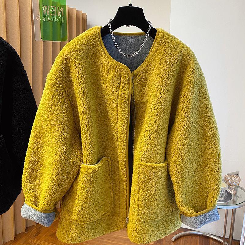 Women's Winter 2025 Soft Yellow Lambswool Coat - Loose, Thick, and Fluffy