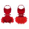 Girls Latin Dance Costume Sparkly Rhinestones Halter Leotard with Feather Skirt for Performance