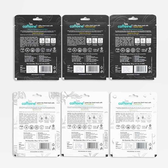 mCaffeine Green Tea & Coffee Sheet Masks with Vitamin C, Niacinamide Fruit AHA Mix for Hydrated| Face Sheet Masks for Women & Men - Pack of 6 | 120g