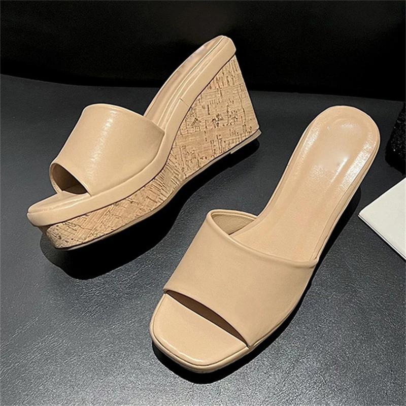 Eilyken Summer Concise Square Toe Platform Wedge Heels Slippers Woman Female Sandals Slide Shoes Zapatos De Mujer