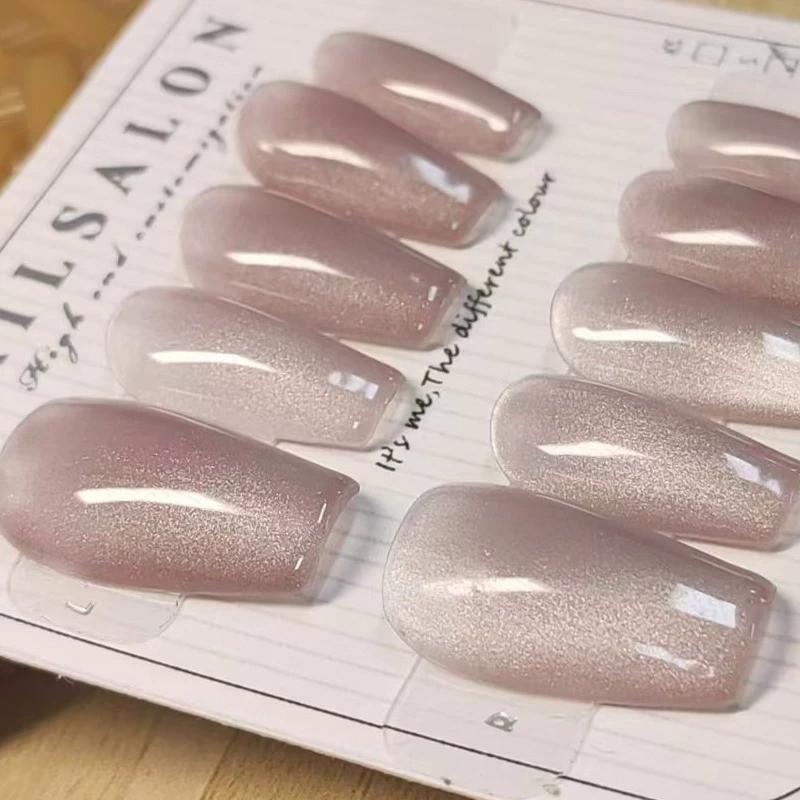 100% Handmade Coffin Shape Pink Champagne Full Cat Eye Fake Nails Art Simple Versatile Nails Reusable and Removabl Fake Nail Set with Glue