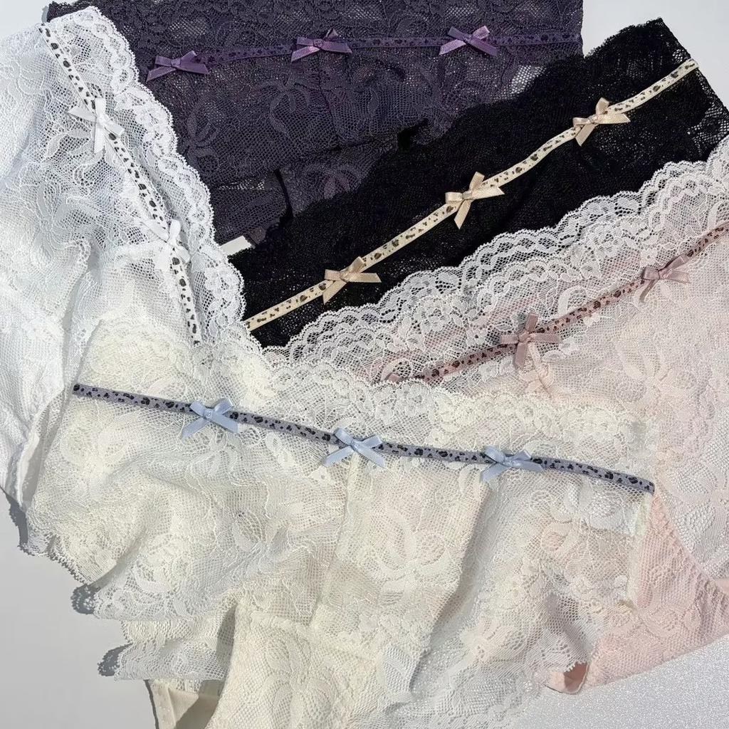 Lady Summer Flimsy Sexy Lace Leopard Print Collision Color Ribbon Bow In Waist Triangle Briefs