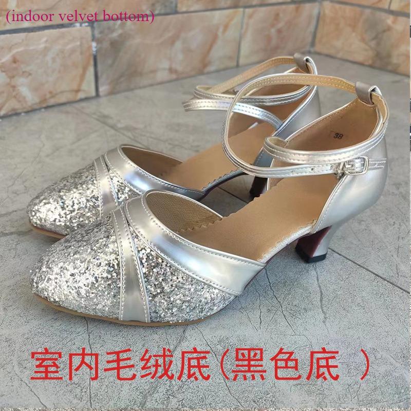 Hot Selling Ladies Modern Dancer Shoes, Tango Shoes, Waltz Indoor/outdoor Gold and Silver Shiny Dance Middle Heel