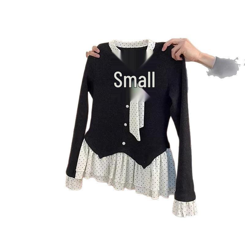 Korean Style Polka Dot V-Neck Ruffle Long Sleeve Tie-Up T-Shirt for Women - Autumn/Winter Two-Piece Look