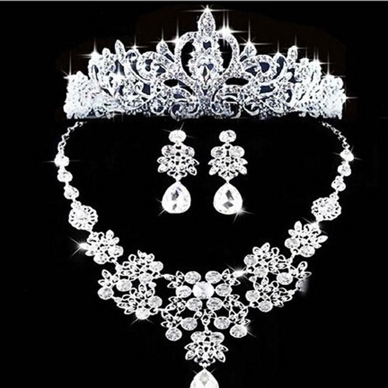 Luxury Fashion Necklaces Earrings Tiara Rhinestone Crystal Pearl Wedding Bride Party Wholesale Bridal Jewelry Sets