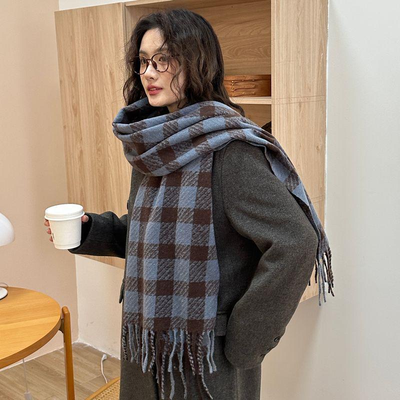 Women's Faux Cashmere Plaid Scarf - Korean Style, Thick & Warm Autumn/Winter Shawl