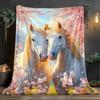 Cherry Blossom Horses Fleece Blanket Romantic Spring Scene Soft Flannel Throw Cover Artistic Animal Print Home Decor Gift for