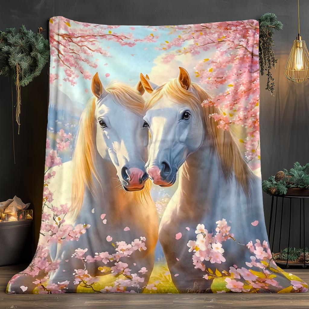 Cherry Blossom Horses Fleece Blanket Romantic Spring Scene Soft Flannel Throw Cover Artistic Animal Print Home Decor Gift for