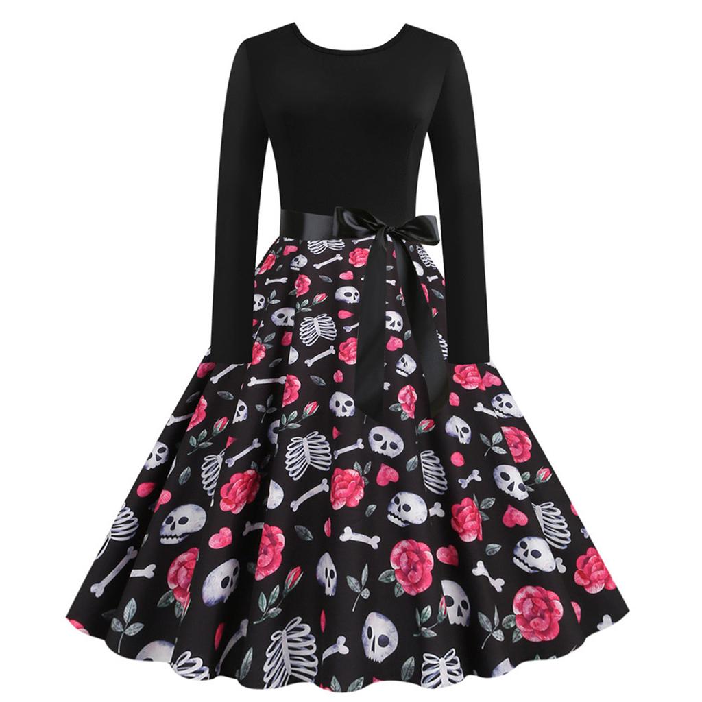 Dame Mote Trykk Langermet Rund Hals Casual Halloween Faldkjole