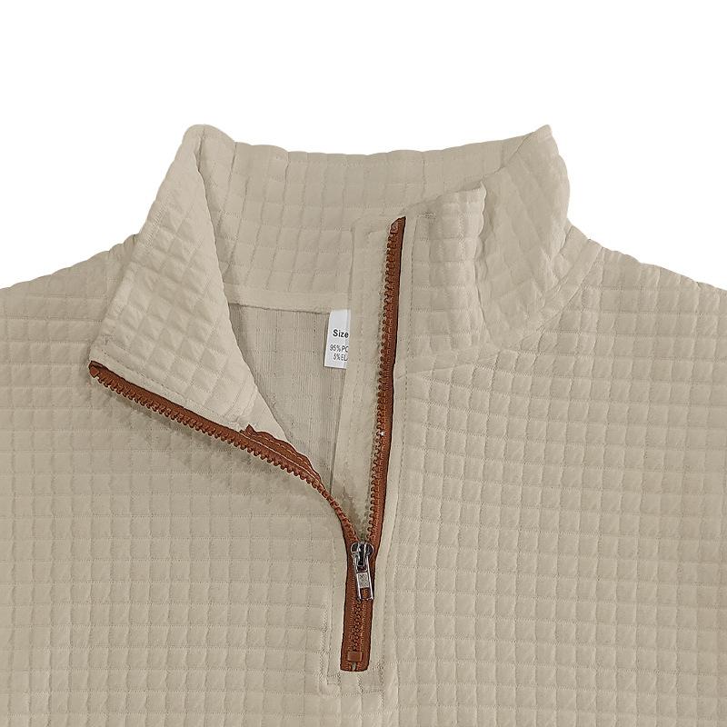 Fashionable Men's Casual Sweatshirt with Jacquard Small Check Embroidered Patchwork Stand Collar Loose-Fit Top