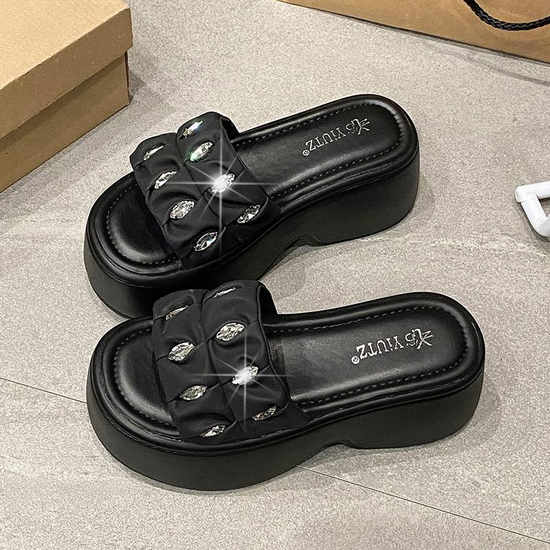 Fashion 8CM Summer High Platform Women Sandals Wedge Heels Slippers Crystal New Beach Outside Chunky Sandals Comfort Casual Slides Woman