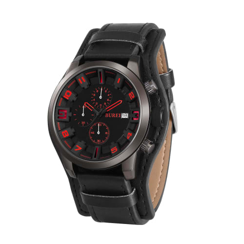 

BUREI Men s Analog Quartz Watch, Waterproof, Simple Design, Chronograph, Black Leather Strap, Made in Japan, Battery-Operated, Gift