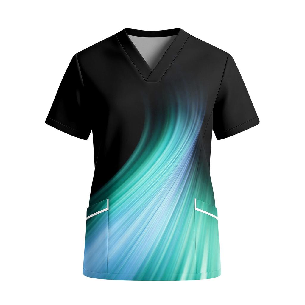 Women V Neck Short Sleeve Scrub Top with Pockets Printed Shirt for Healthcare Professionals Uniform