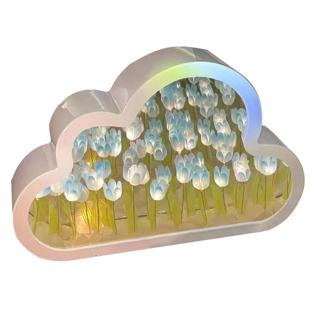 DIY Cloud Tulip LED Night Light Mirror Table Lamps Bedroom Ornaments Decoration Mirror Table Lamps Bedside Handmade Gift