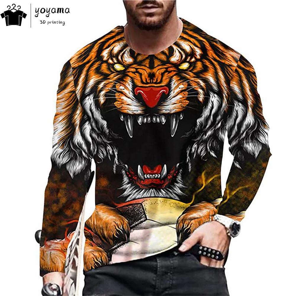 Tiger Print Men's Clothing Casual Loose Men's Shirts 3D Print Tiger Graphic T Shirts Breathable Men's Long Sleeve T-shirt Tops
