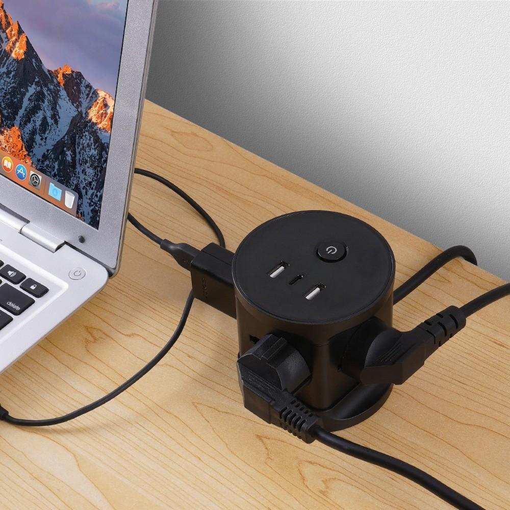 Small Multi-Function Conversion Plug Tower Extension Socket with USB-A x2 + USB Type-C x1 Surge Protector