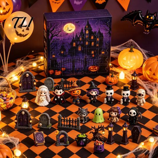 Ornements d'Halloween en Acrylique Calendrier de l'Avent 2026, Compte à Rebours 24 Jours avec Boîtes Journées Plates 2D Mini Figurines, Cadeaux Surprise Collectionnables pour Enfants Filles Garçons