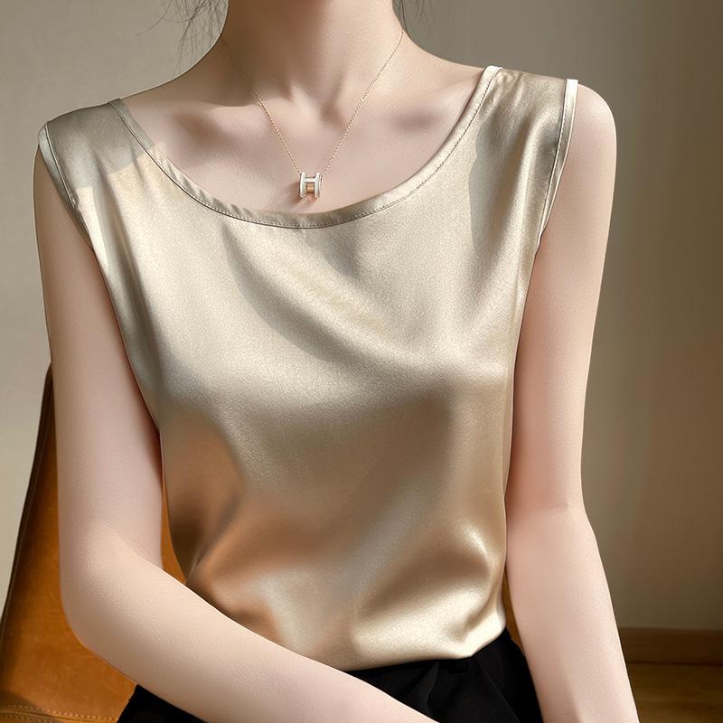 Women's Sleeveless Summer Silk Camisole - Loose Fit, Round Neck, Mulberry Silk Base Layer Top