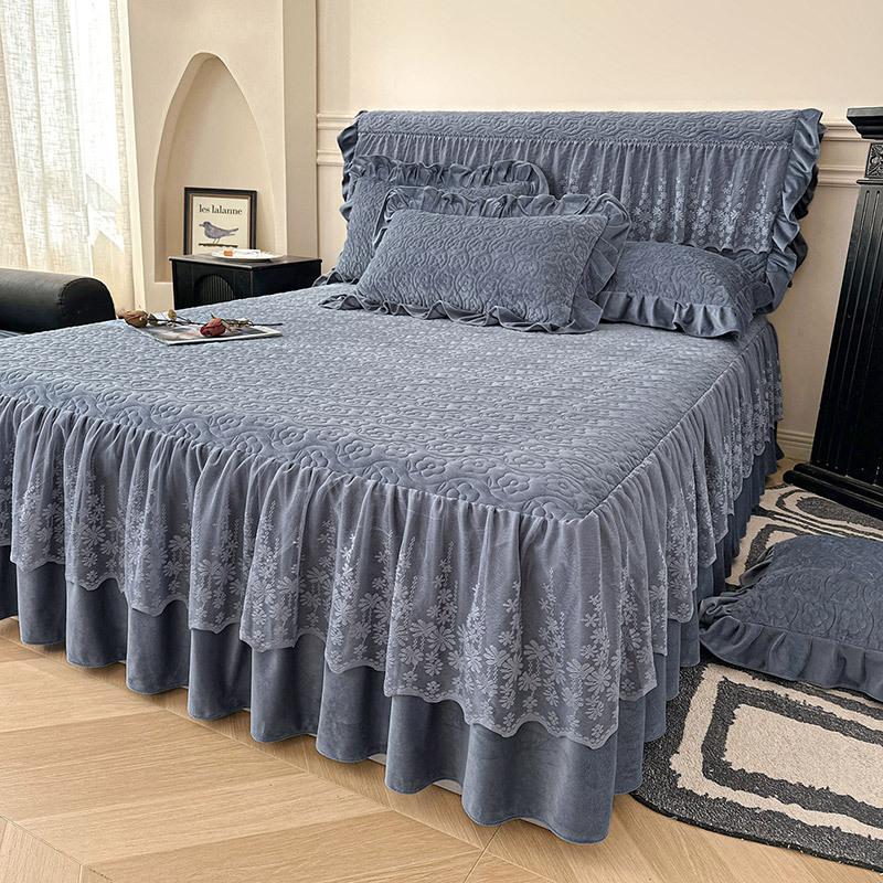 Baby Fleece Padded Bed Skirt Single Piece Winter Fleece Thickened Non-Slip Household Bed Cover Three-Piece Bedspread Universal In All Seasons