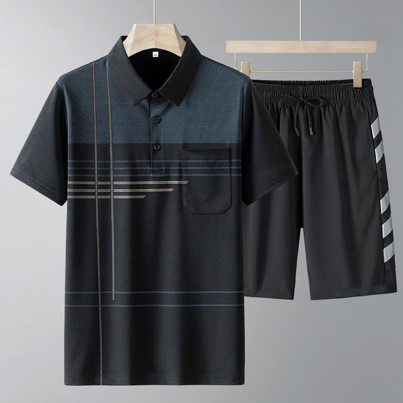 Men's Summer Ice Silk Casual Two-Piece Set: Short-Sleeved Shirt and Loose Shorts for Middle-Aged and Elderly