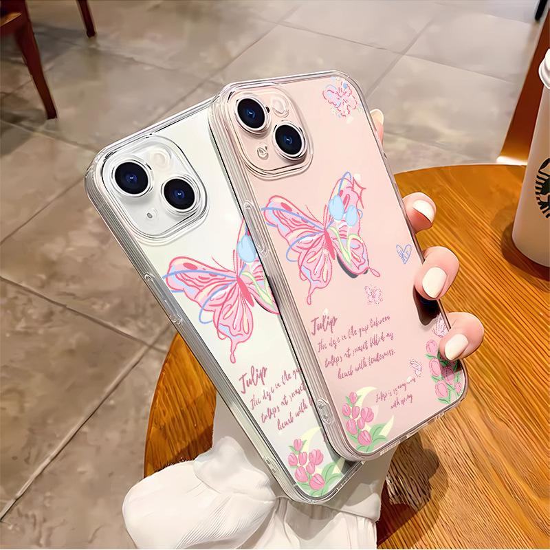 Beautiful girl pink English butterfly is suitable for Apple 15plus mobile phone case iphone17 transparent soft case 16 women's models
