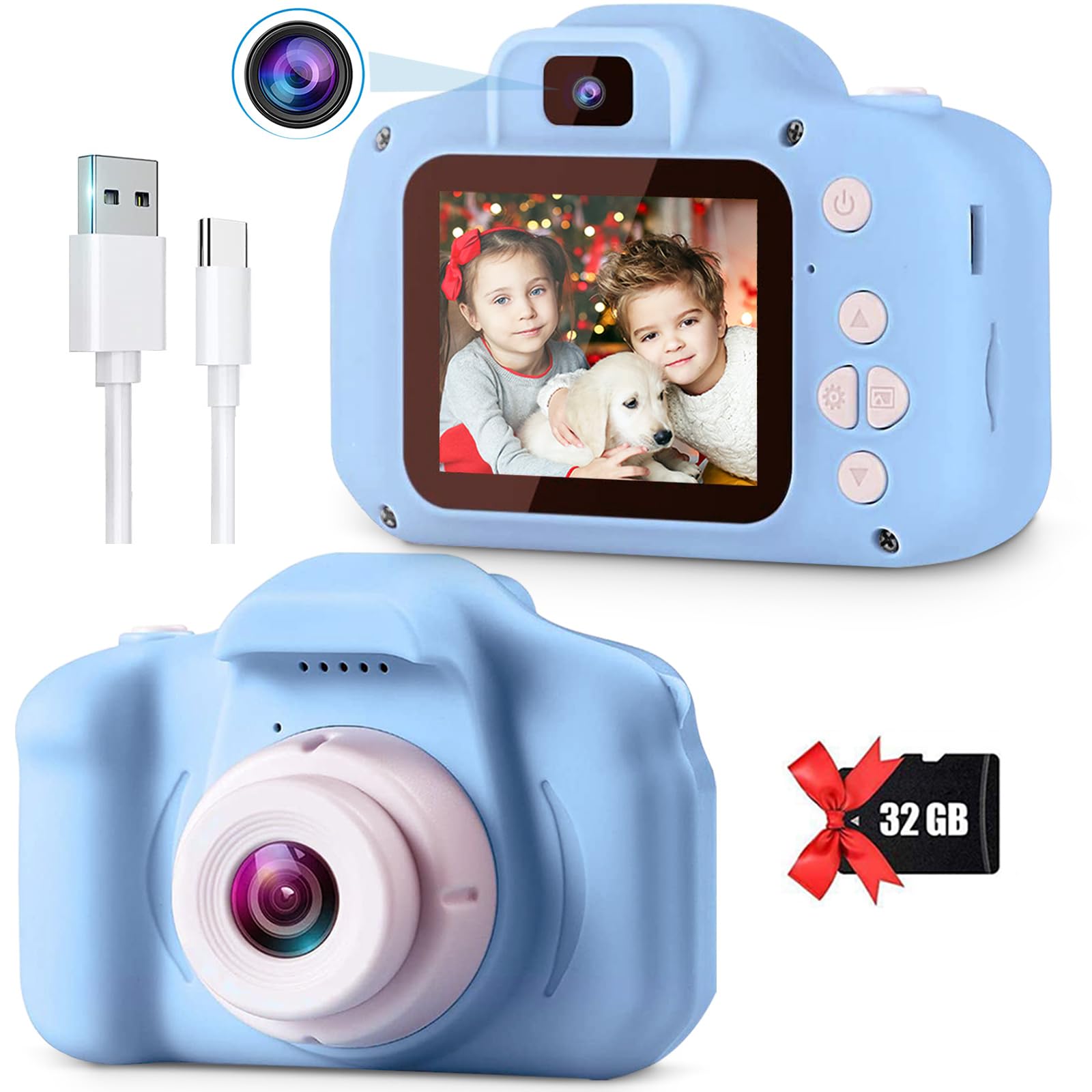 

POSO Kids Digital Camera Toy Camera for Children 1080P HD Recording 32GB SD Card 2.0-inch IPS Screen 8x Zoom Timer Shooting Light Blue Christmas Gift