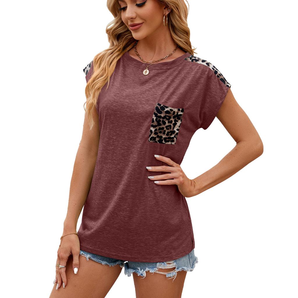 Summer Women's T-shirt Crew-neck Patchwork Leopard Pocket Short Sleeve Casual T-shirt Top