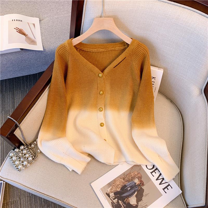 Gentle Wind Gradual Change Color V-neck Knitted Cardigan Women's Autumn and Winter Senior Sense Outside with Soft Waxy Coat Sweater