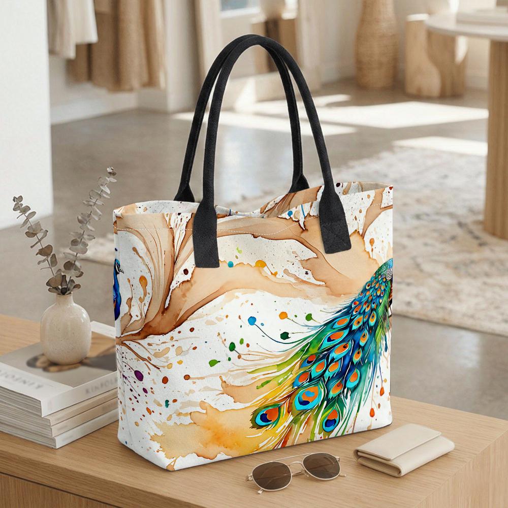  Watercolor Peacock Print Large Tote Bag Fashion Casual Large Capacity Daily Top Handle Shoulder Handbag