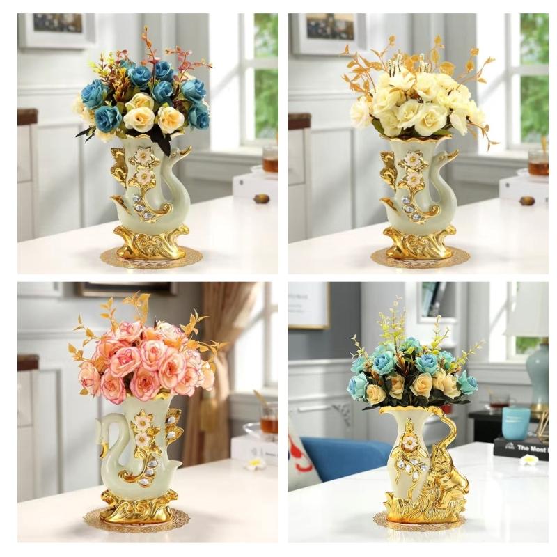  European Ceramic Decorative Vases Floral Arrangement Container with Elphant Sculpture For Dining Room Study Or Event