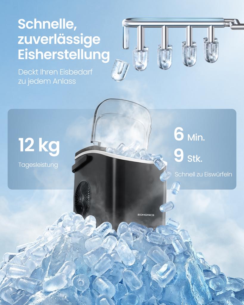 SONGMICS Ice Cube Maker, Ice Cube Maker with Self-Cleaning, in 6 Minutes 9 Cubes in 2 Sizes, 12 kg in 24 Hours, Portable, Kitchen, WG, Party, Camping