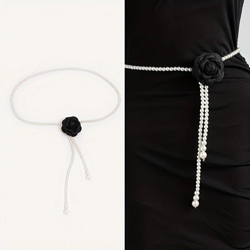 Women's Elegant Pearl Cloth Flowers Sweet and Fashionable Elegant Camellia Waist Chain Texture Hanfu Dress Decorative Belt