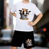 Boys 2 Piece Cartoon Cow Printed Outfit, Short Sleeve T-Shirt and Shorts Set for Kids Age 5-14,white,Black Sporty Casual Summer Clothes