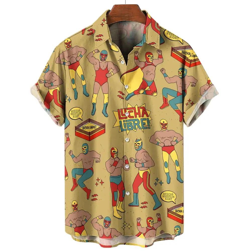Camisa de Playa Casual de Moda Patrón 3D de Luchador Camiseta Retro Manga Corta Vacaciones al Aire Libre Camisa para Hombre y Mujer