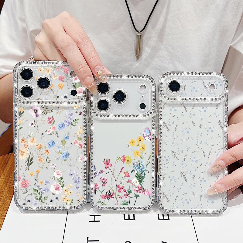 Flower Print Shockproof TPU Case For iPhone 17 Pro Max 16e 16 15 14 13 15 Pro 17 TPU Bling Diamond Soft Silicone Phone Cover