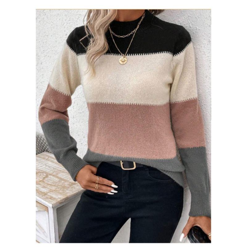 Women S Color Block Pullover Round Neck Long Sleeve Knit Sweater Casual Top