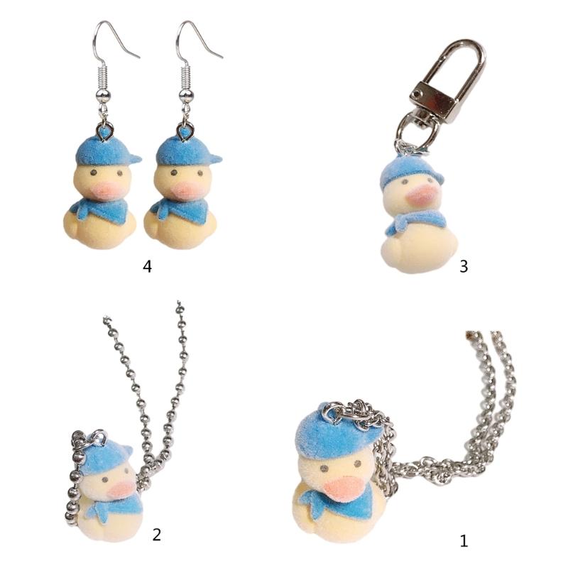 Adorable Cartoon Duck Necklace/Earrings/Keychains Adornment Handcrafted Choker Chain/Ear Hooks/Keyrings for Women Girls