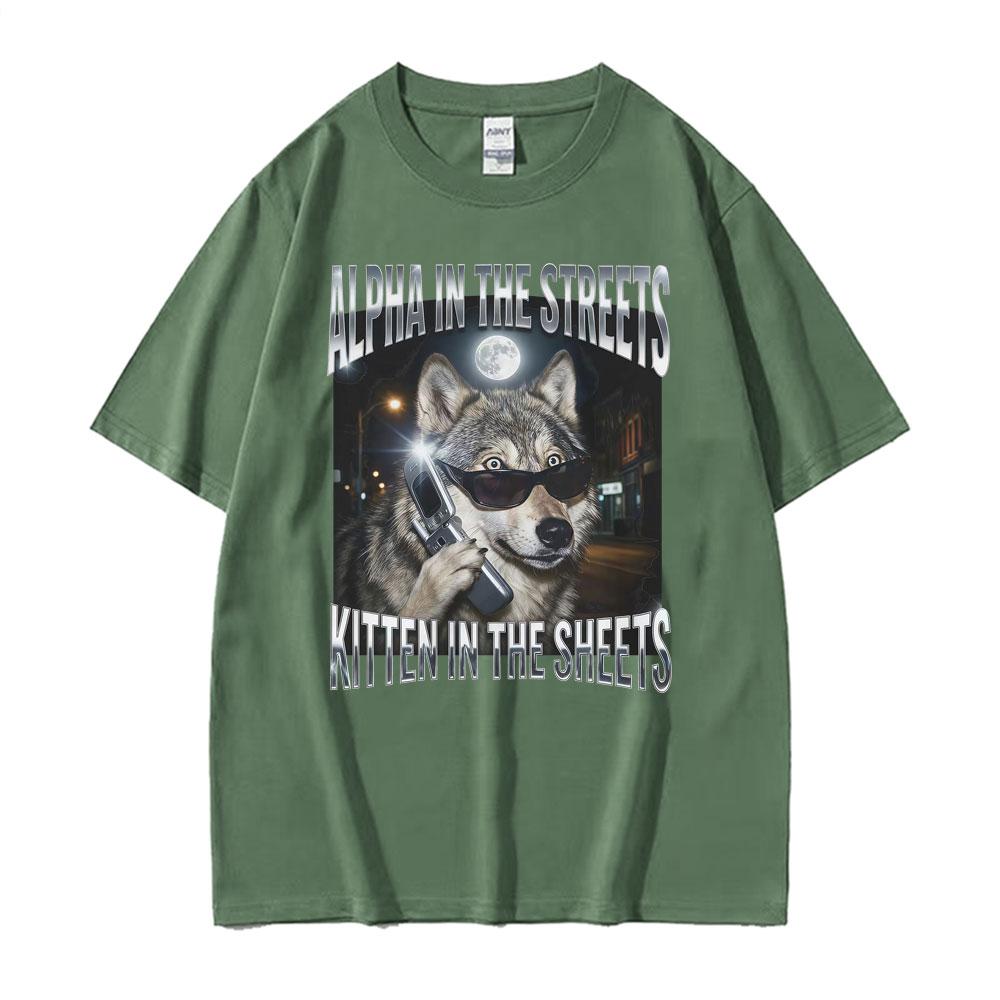 Alpha in den Straßen Kätzchen im Bett T-Shirt YK Lustiges Wolfs-Meme Grafik-T-Shirts Unisex Damenmode Humor Oversize-T-Shirt