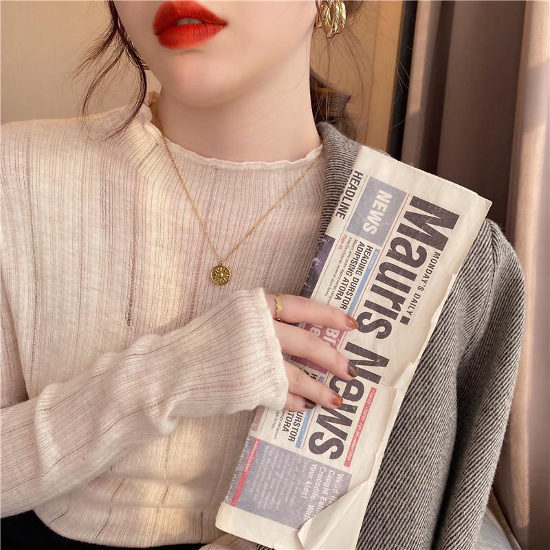 Early spring fungus edge bottoming shirt women's thin slightly transparent sexy long-sleeved sweater inside pure desire wind knitted top