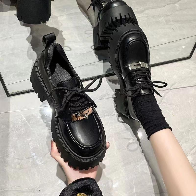 

Muffin thick-soled lace-up women s spring new thick-heeled single shoes high-heeled lock black small leather shoes 35