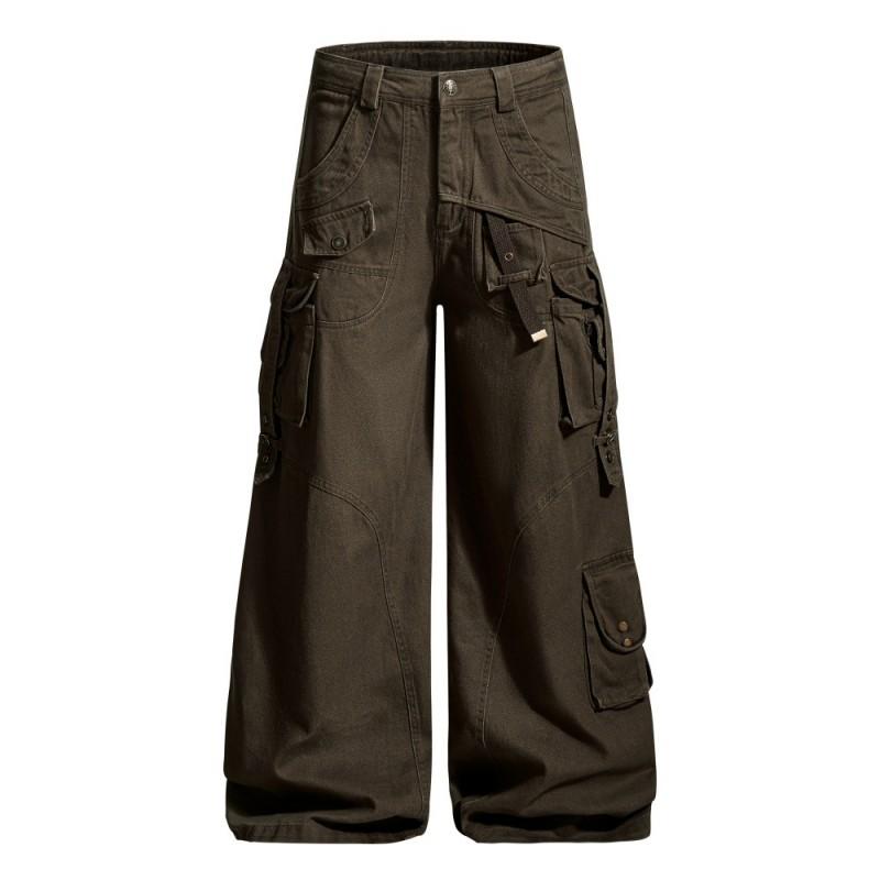 Mens Vibe High Street Cargo Pants Solid Color Loose Wide Leg Work Trousers With Multiple Pockets