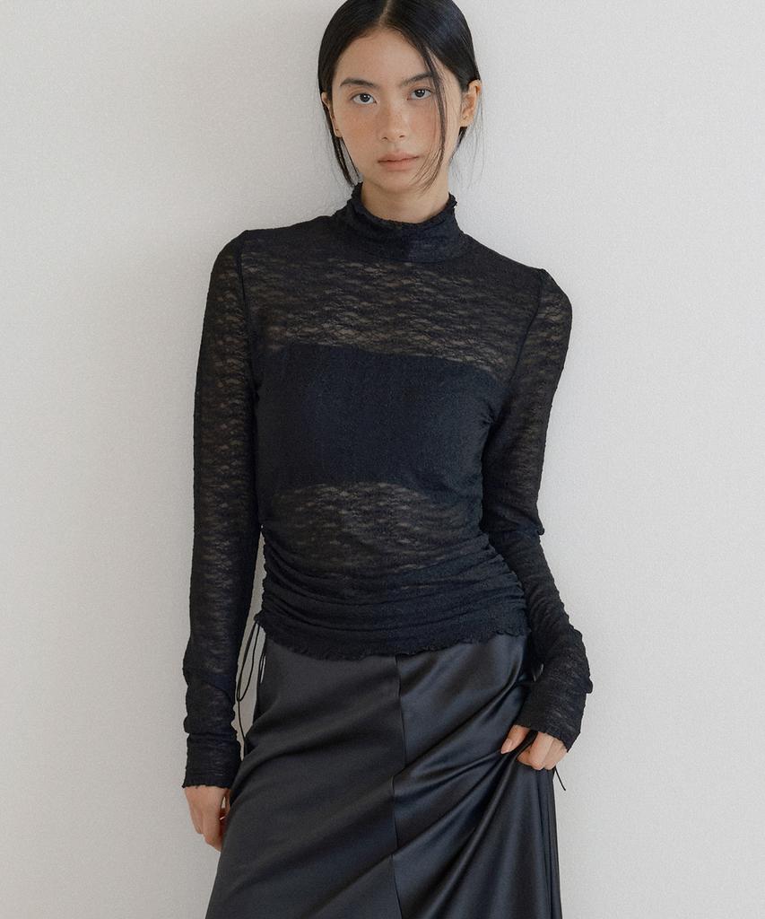 LUCIR ZU Lace String Turtleneck Top (Black)