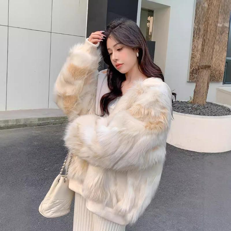 Women's Tricolor Fur Jacket Winter Zipper Fox Hair Loose Top Hooded Threaded Plush Jacket