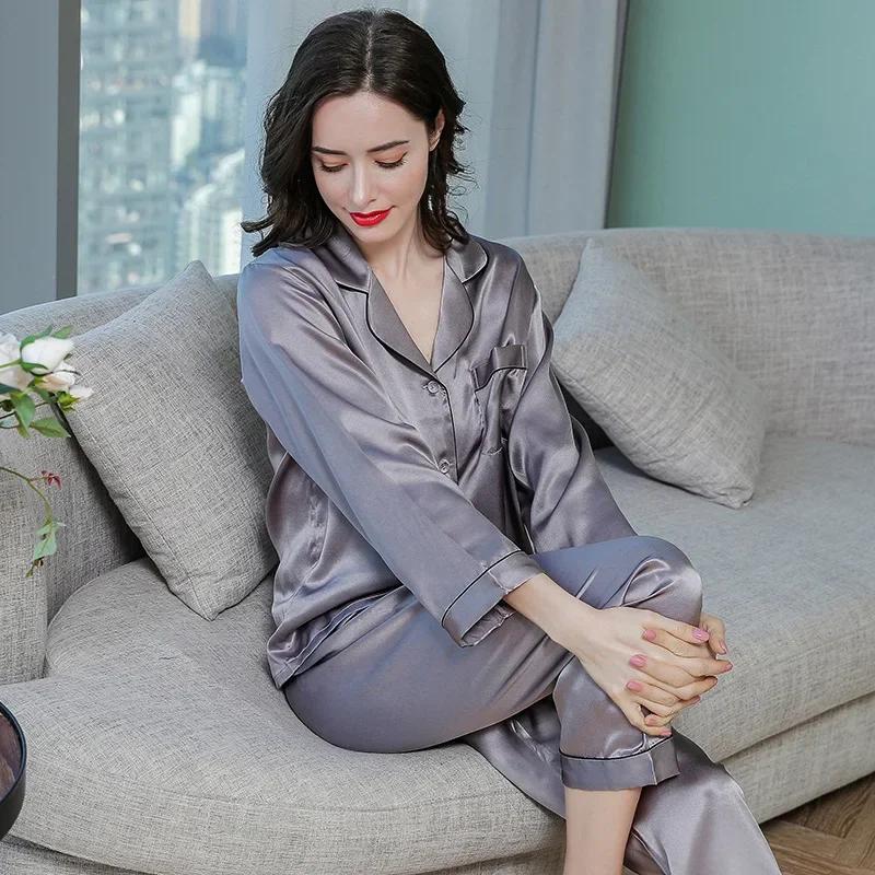 100% Silk Pajamas Set for Women Summer and Autumn Long-sleeved Mulberry Home Service Silk Women's Pajamas Set Pijama Feminino