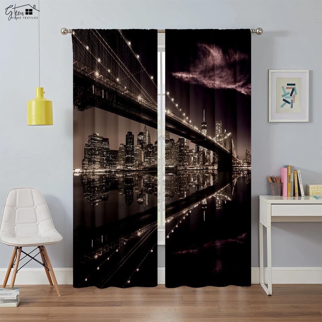 High Quality City Building 3d Printed Curtains Night View Hand-Painted Industrial Style Blackout Heat Insulation Curtains 2PCS