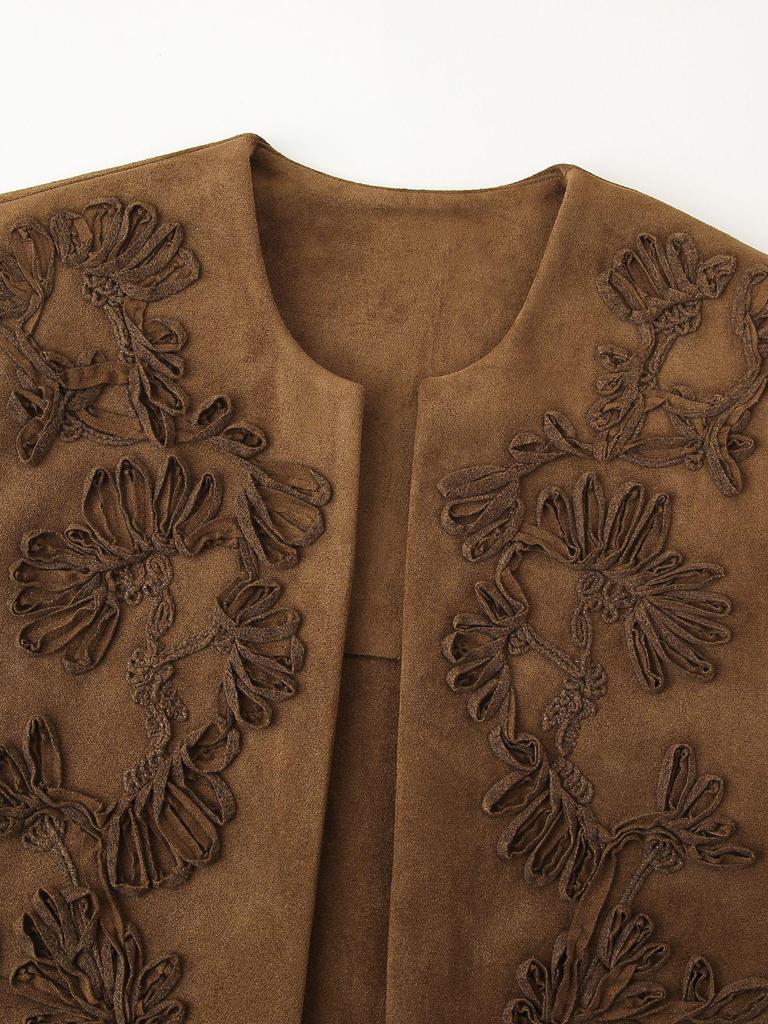 Vestă fără mâneci cu blocuri de culoare, broderie florală, față deschisă - Îmbrăcăminte exterioară retro de primăvară pentru femei