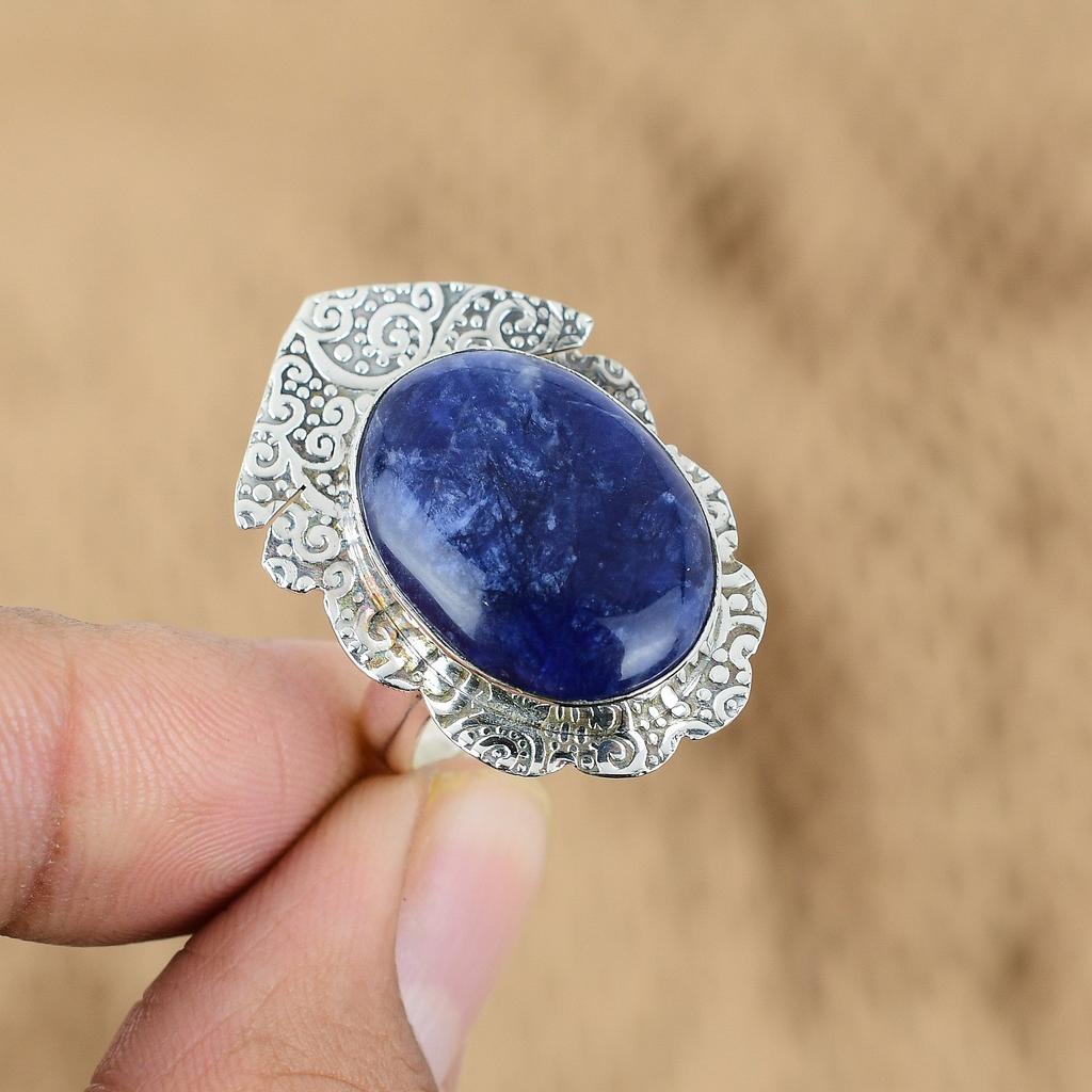 Mothers day Deal Oval Natural Sodalite Promise Engagement Ring Sterling Silver