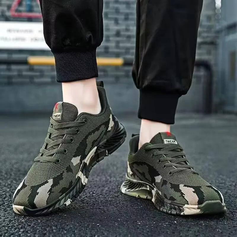Scarpe Sportive in Rete Tessuta Volante, Scarpe da Uomo Camouflage Verde Militare, Scarpe Sportive da Esterno Antiscivolo e Resistenti all'Usura