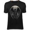 Kapuzen-Totenkopf-Sensenmann T-Shirt – Schwarze Federflügel, Mondlicht-Nebelwald Tee